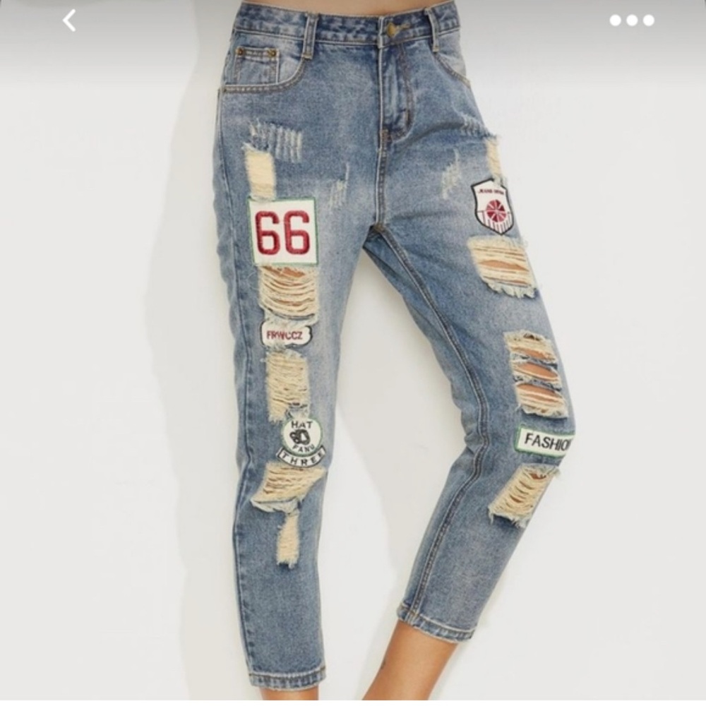 Distressed Blue Jeans with Patches